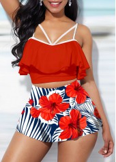Ruffle Overlay Floral Print High Waist Bikini Set