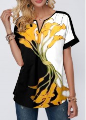 Short Sleeve Flower Print Notch Neck Blouse