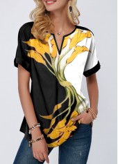 Short Sleeve Flower Print Notch Neck Blouse