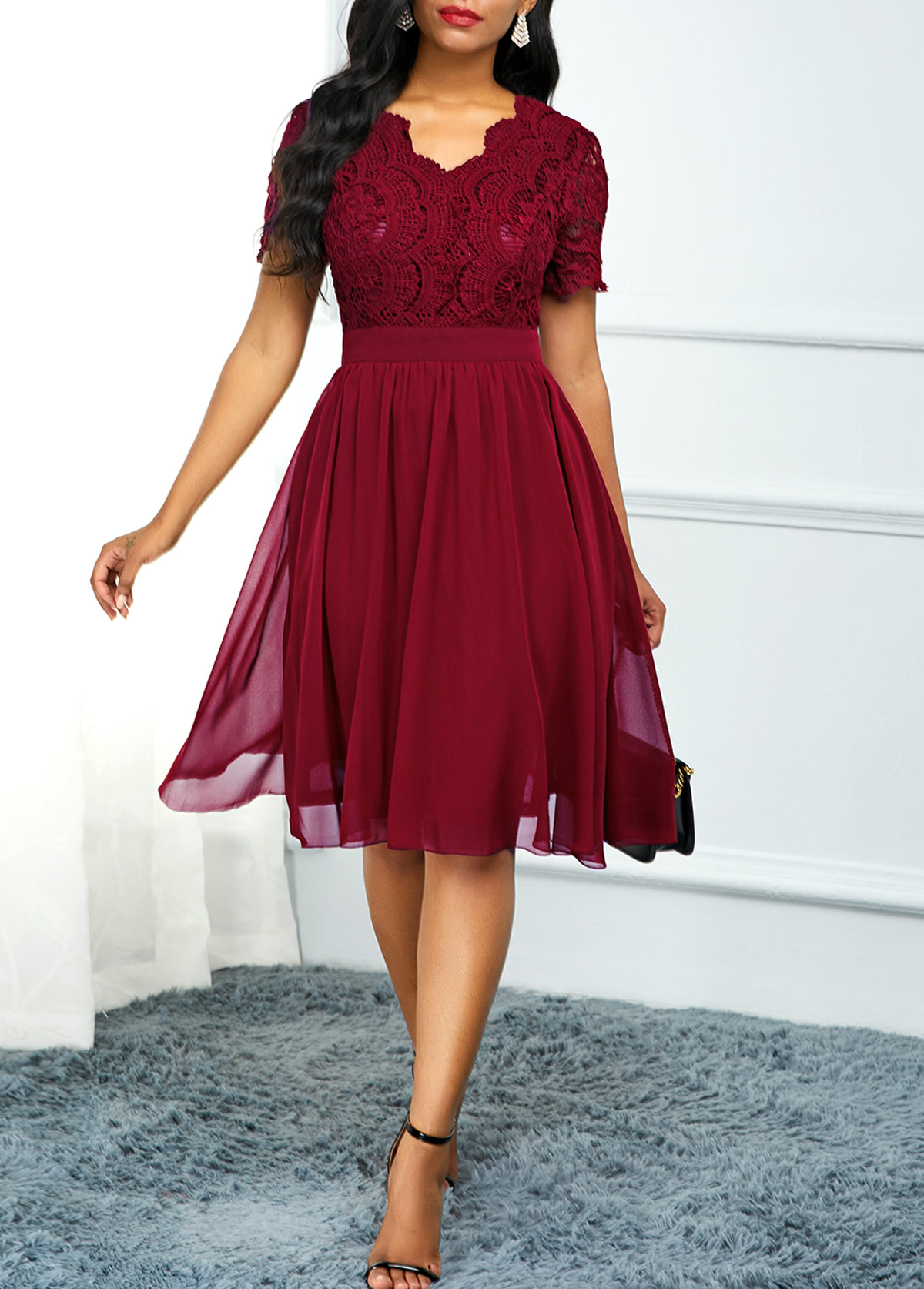 High Waist Lace Panel Short Sleeve Red Dress