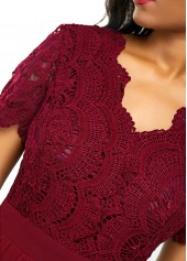 High Waist Lace Panel Short Sleeve Red Dress