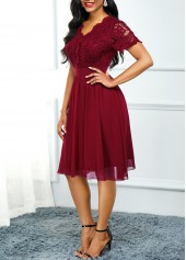 High Waist Lace Panel Short Sleeve Red Dress