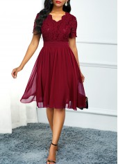 High Waist Lace Panel Short Sleeve Red Dress