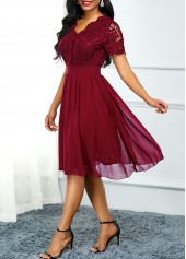 High Waist Lace Panel Short Sleeve Red Dress