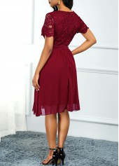 High Waist Lace Panel Short Sleeve Red Dress