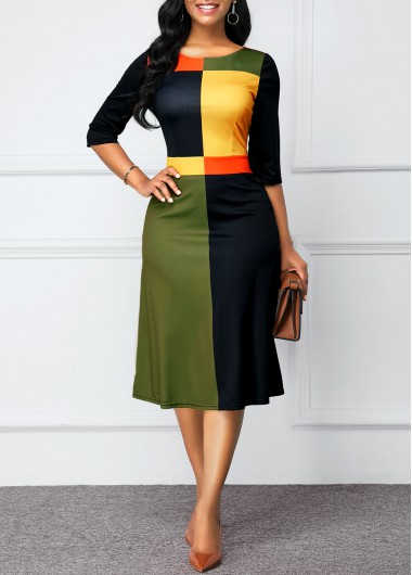 Women&apos;S Color Block Round Neck Three Quarter Sleeve Work Dress Zipper Back Midi Spring Dress By Rosewe - M