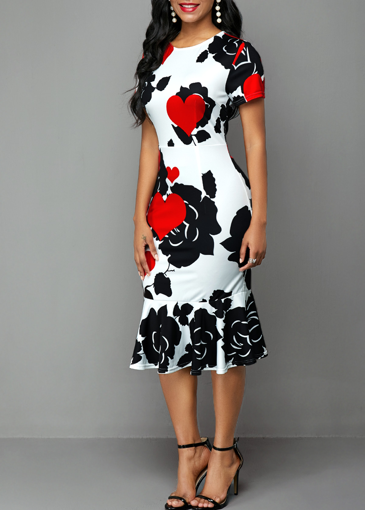 Short Sleeve Rose and Heart Print Dress