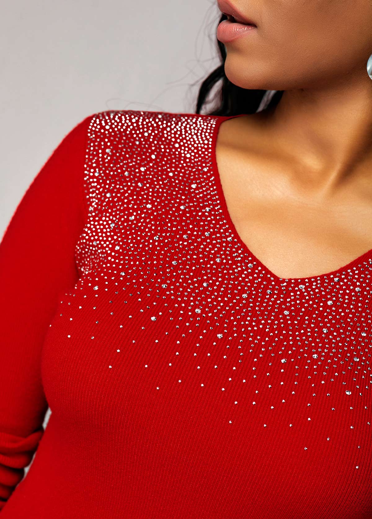 Long Sleeve Rhinestone Detail Red Sweater
