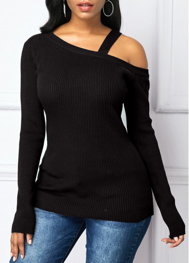 Women&apos;S Black Long Sleeve Cold Shoulder Sweater Skew Neck Pullover Casual Sweater By Rosewe - M