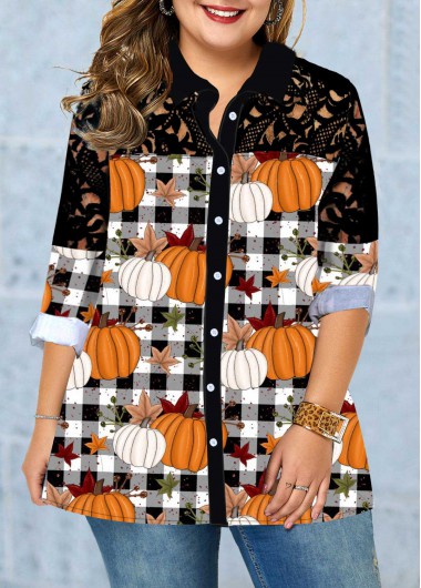 Halloween Women&apos;S Multicilor Plus Size Pumpkin Plaid Print Fall Blouse Long Sleeve Button Up Tunic Casual Top By Rosewe - 1X
