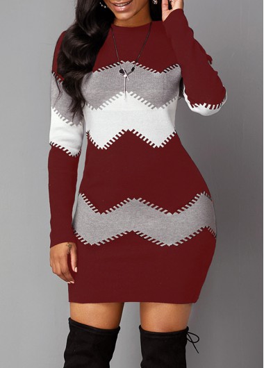 Rosewe Women Red Mock Neck Long Sleeve Sheath Sweater Dress Chevron Pattern Mini Cocktail Party Winter Dress - XL