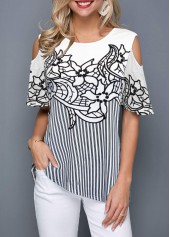 Cold Shoulder Striped Flower Print Blouse