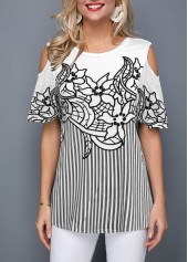 Cold Shoulder Striped Flower Print Blouse