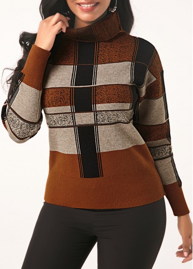 Women&apos;S Brown Plaid Pattern Turtleneck Long Sleeve Sweater Pullover Tunic Casual Top By Rosewe - XL