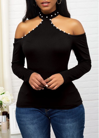 Women&apos;S Black Cold Shoulder Choker Neck Casual Sweater Long Sleeve Mock Neck Pullover Top By Rosewe - L