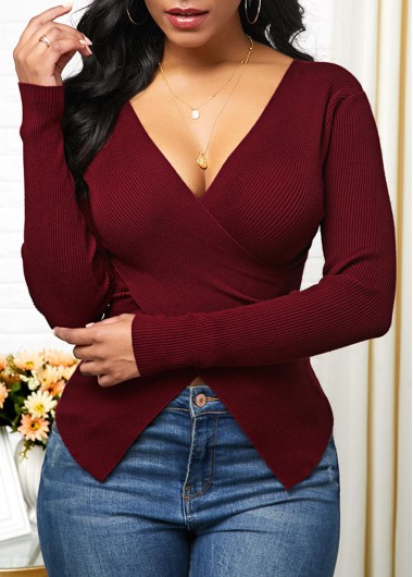 Women&apos;S Deep Red Crossover Hem Plunging Neck Pullover Sweater Burgundy Long Sleeve Holiday Top By Rosewe - XXL