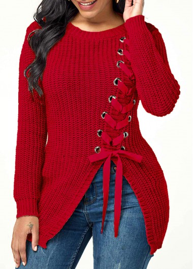 Rosewe Split Front Lace Up Long Sleeve Sweater - S