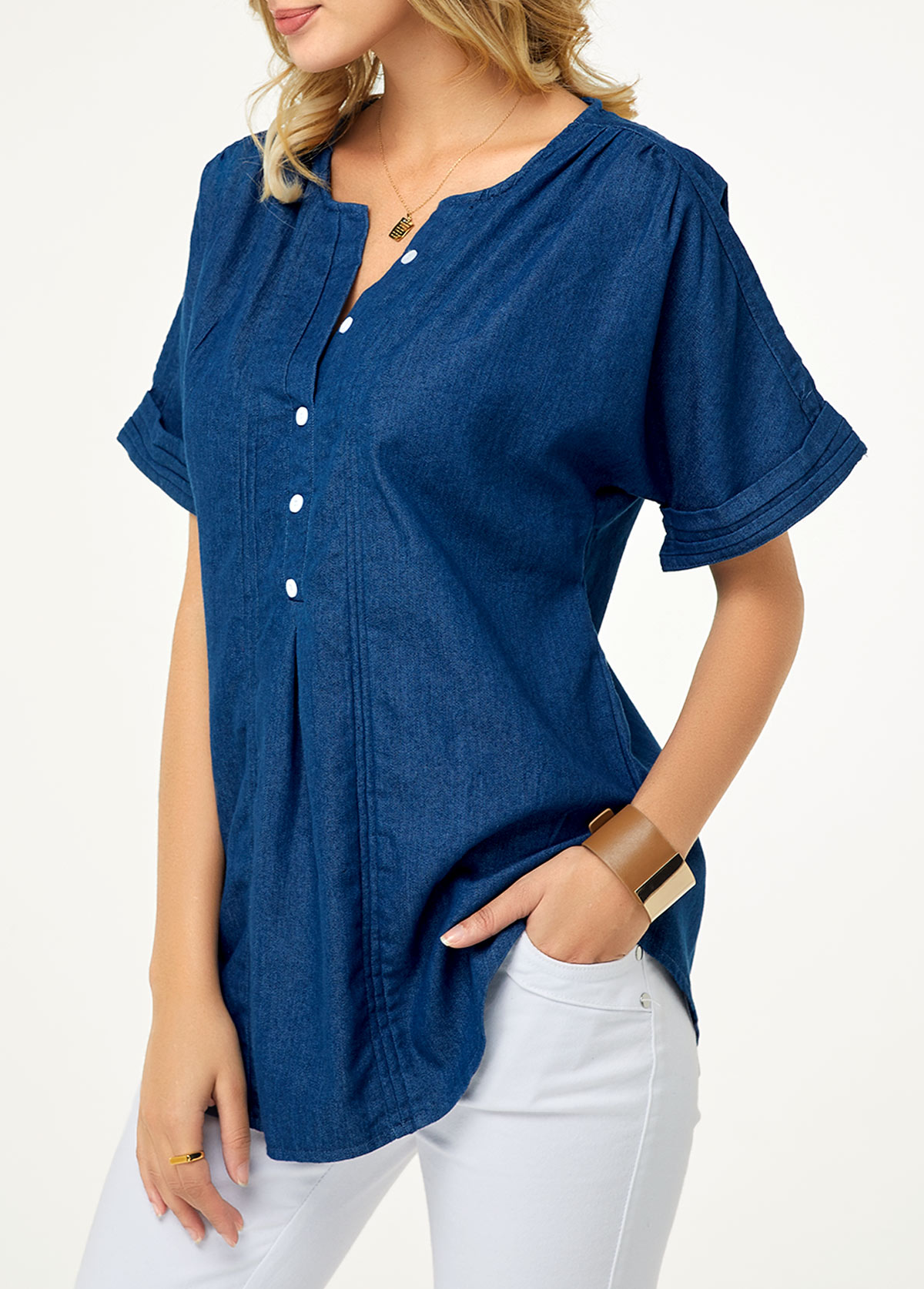 Short Sleeve Button Detail Split Neck Denim Blouse