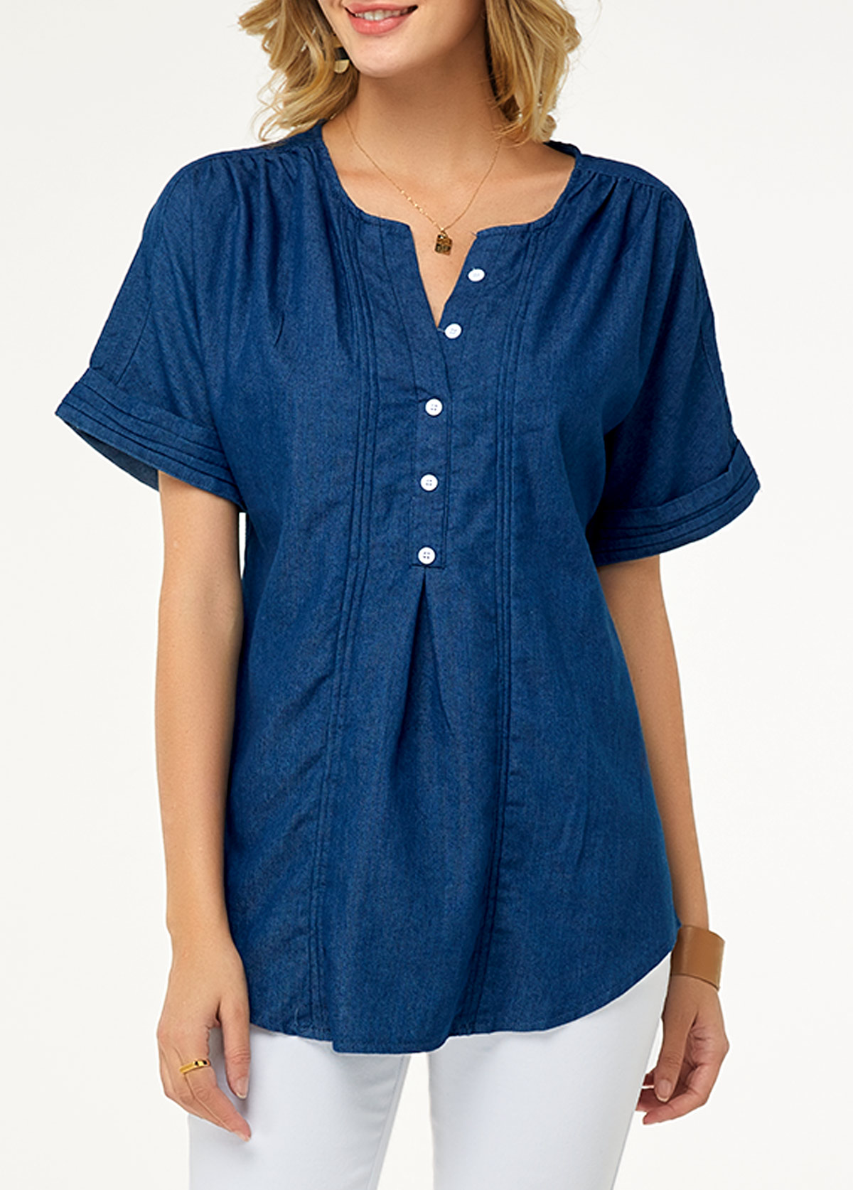 Short Sleeve Button Detail Split Neck Denim Blouse