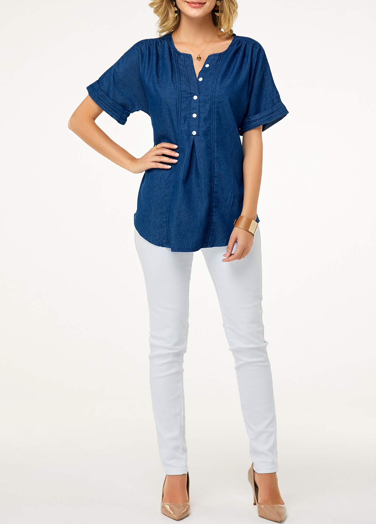 Short Sleeve Button Detail Split Neck Denim Blouse