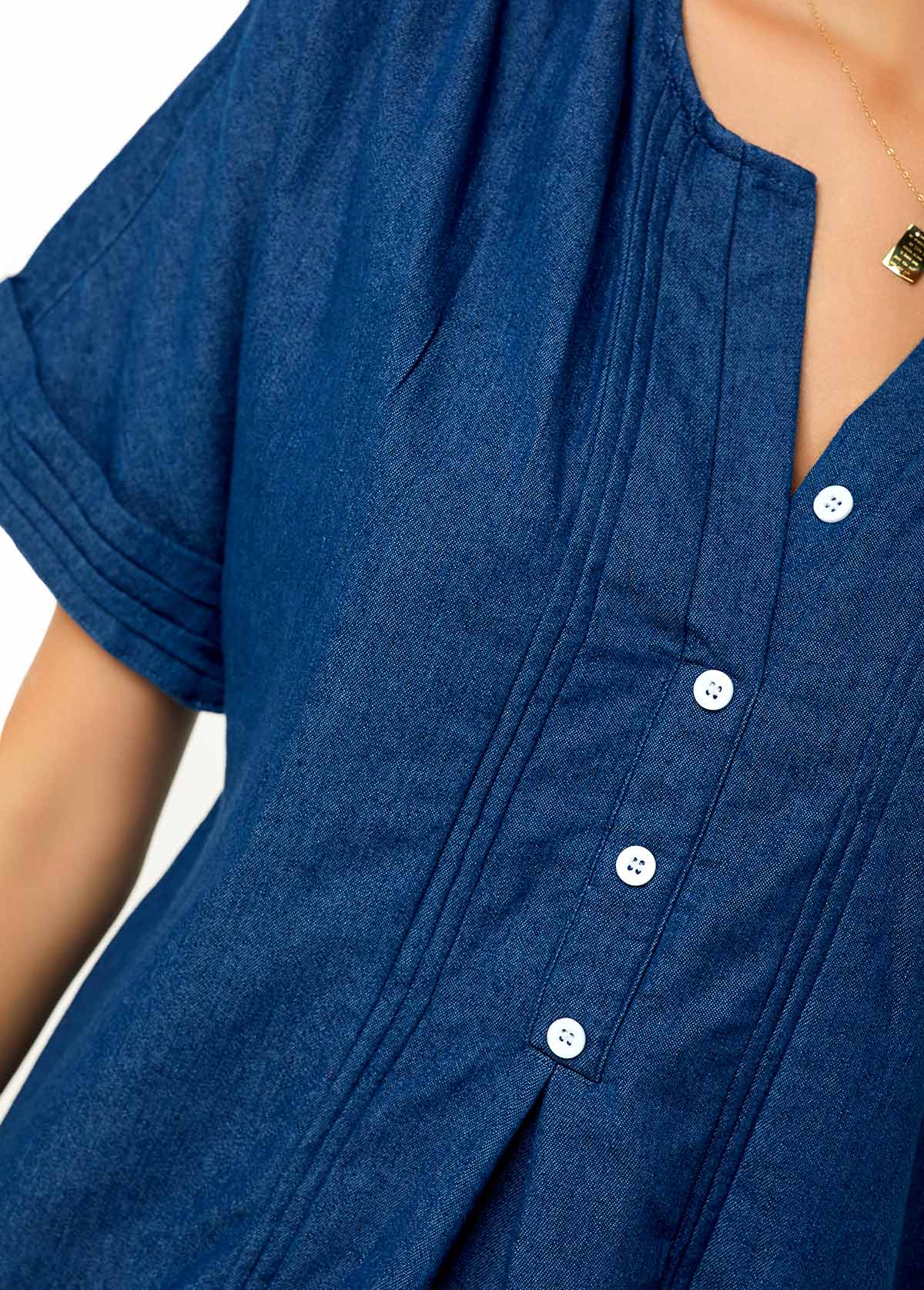 Short Sleeve Button Detail Split Neck Denim Blouse