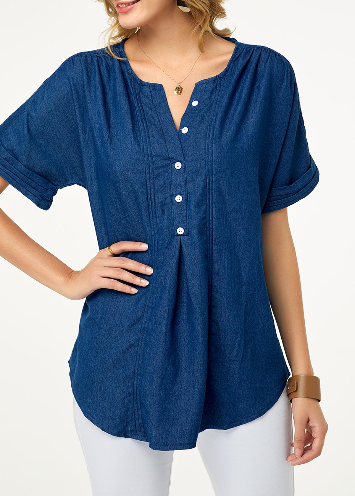 Short Sleeve Button Detail Split Neck Denim Blouse