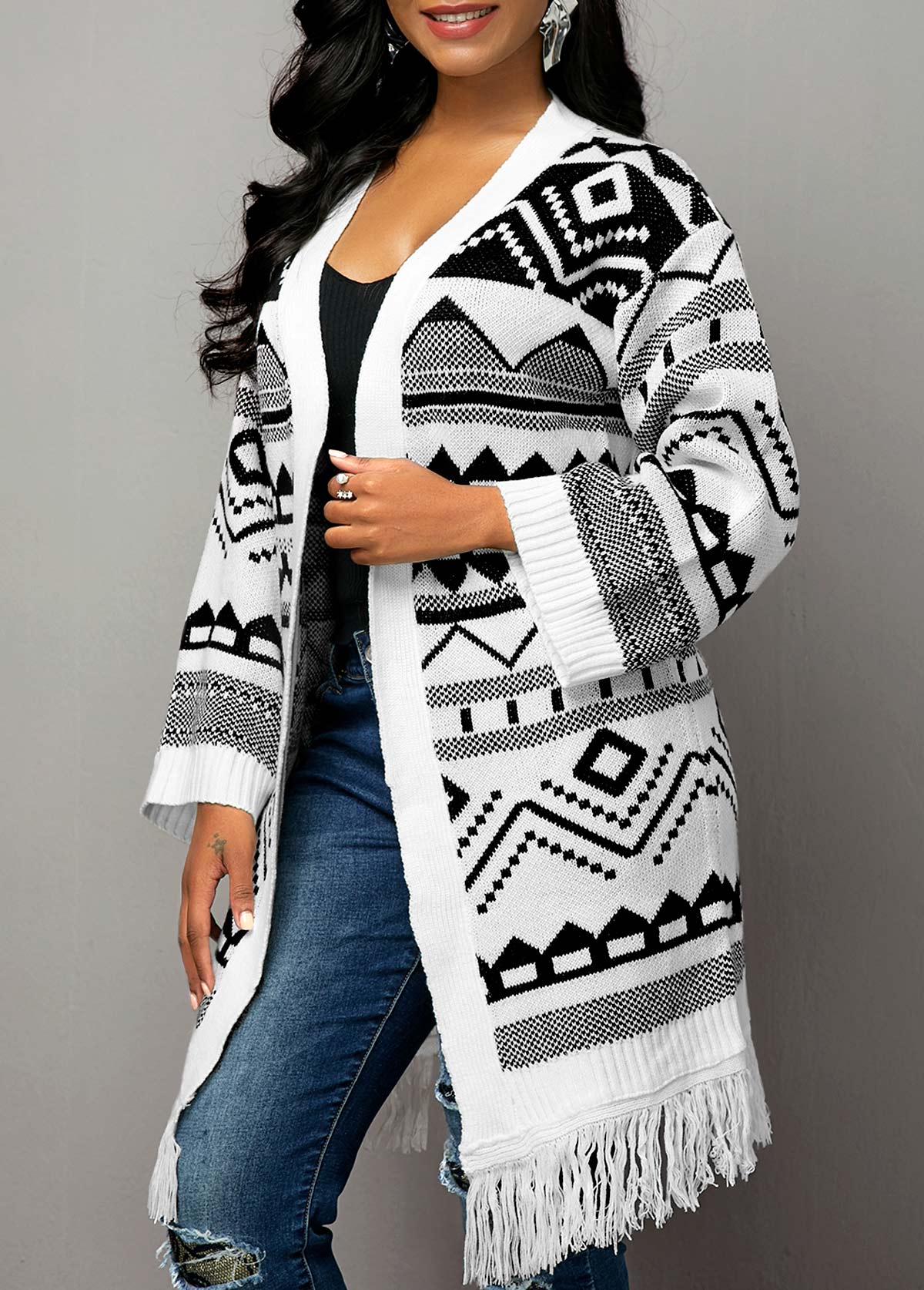 Open Front Tassel Hem Tribal Pattern Cardigan | Rosewe.com - USD $38.87