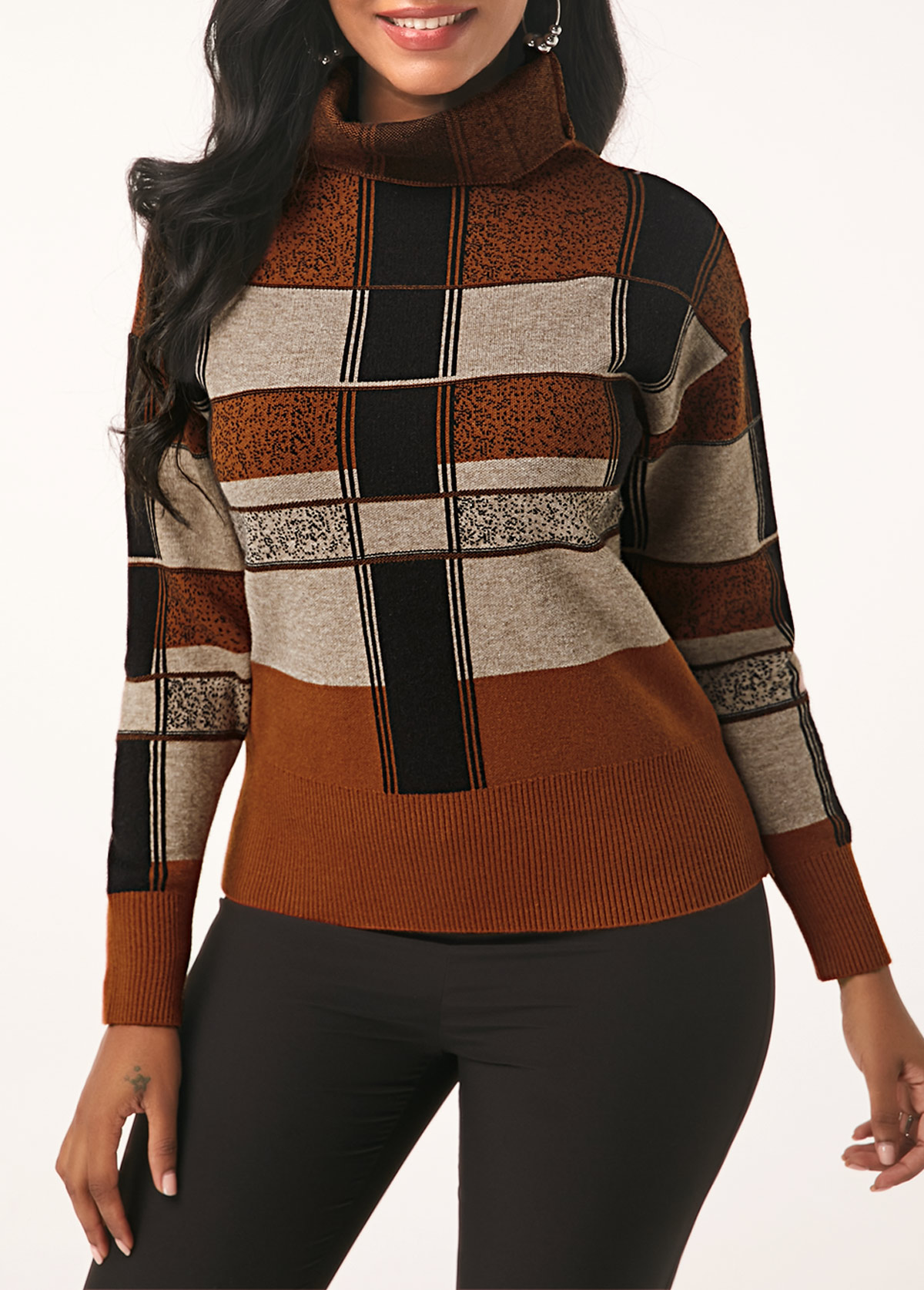 Plaid Pattern Turtleneck Long Sleeve Sweater | Rosewe.com - USD $32.53