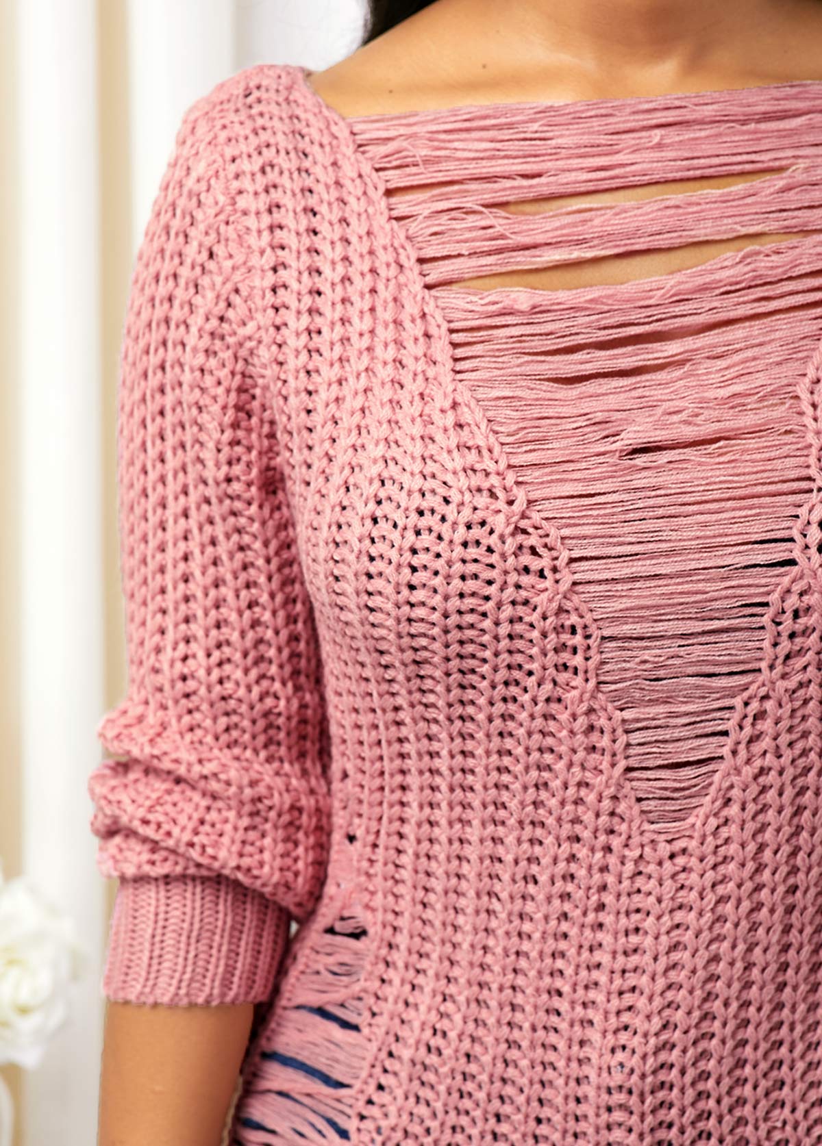 Peach Pink Long Sleeve Shredded Sweater