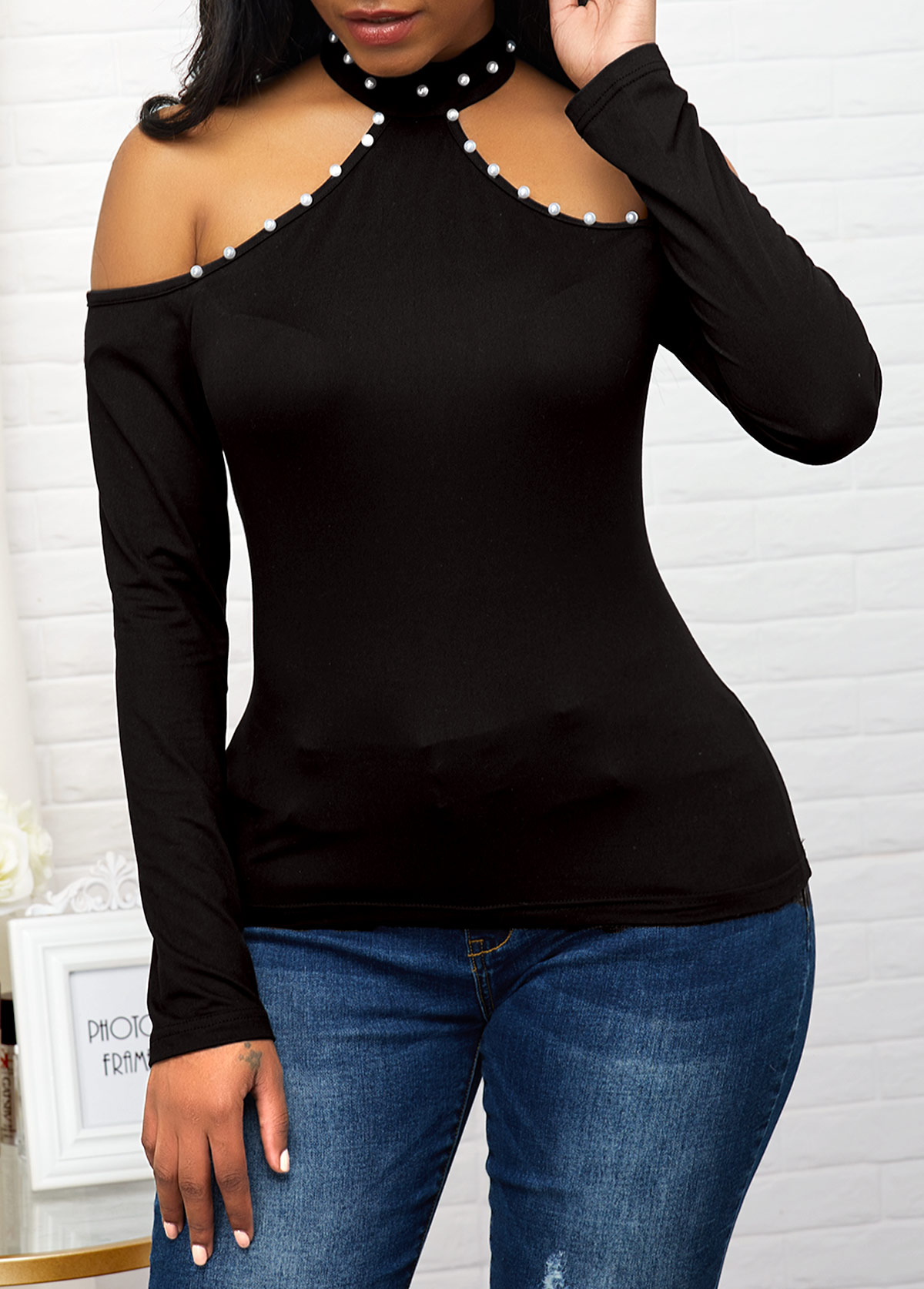 Black Embellished Neck Cold Shoulder Sweater | Rosewe.com - USD $24.87