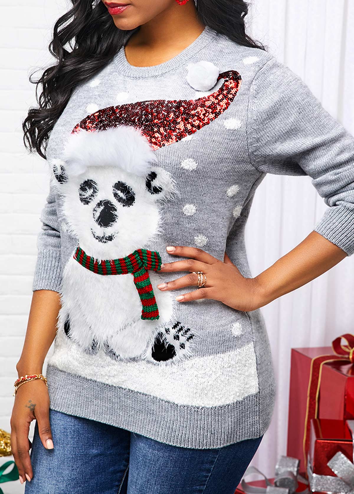 Long Sleeve Christmas Pattern Sequin Embellished Sweater