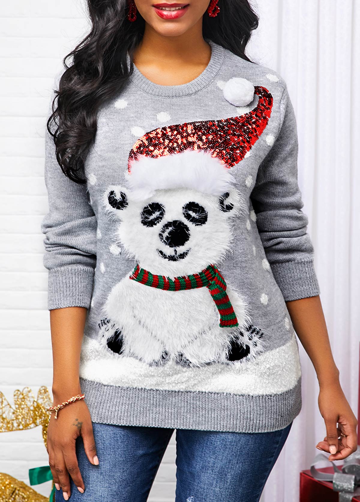 Long Sleeve Christmas Pattern Sequin Embellished Sweater