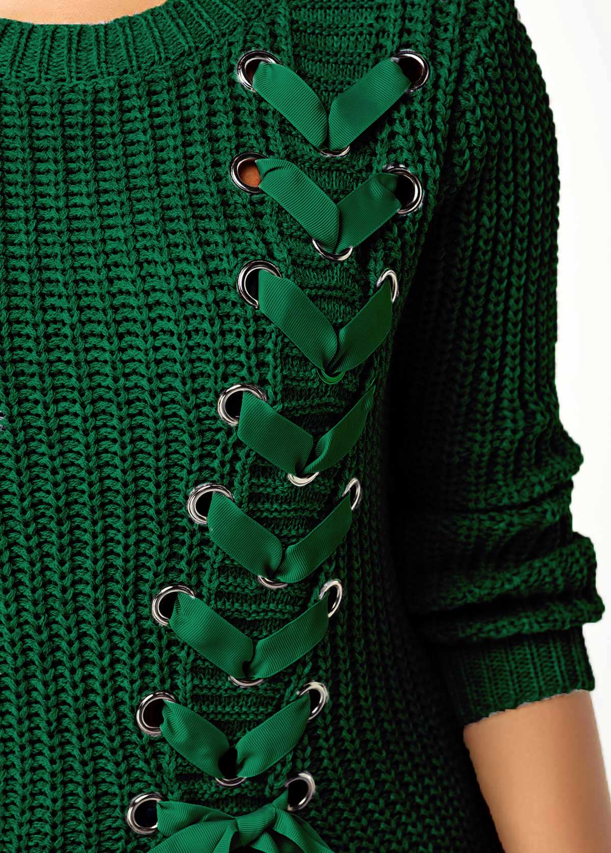 Split Front Lace Up Long Sleeve Sweater 