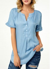 Split Neck Roll Sleeve Button Front Denim Blouse