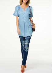 Split Neck Roll Sleeve Button Front Denim Blouse