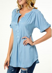 Split Neck Roll Sleeve Button Front Denim Blouse