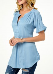 Split Neck Roll Sleeve Button Front Denim Blouse
