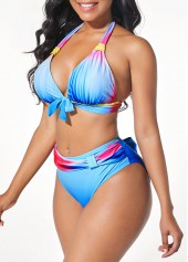 Halter Neck Tie Front Printed Bowknot Bikini Set