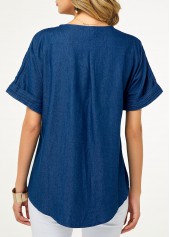 Short Sleeve Button Detail Split Neck Denim Blouse