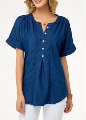 Short Sleeve Button Detail Split Neck Denim Blouse