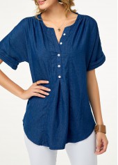 Short Sleeve Button Detail Split Neck Denim Blouse
