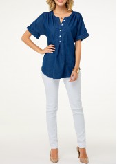 Short Sleeve Button Detail Split Neck Denim Blouse
