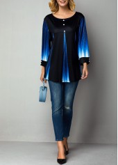 Gradient Button Detail Round Neck Printed T Shirt