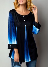 Gradient Button Detail Round Neck Printed T Shirt