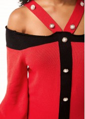Blouson Sleeve Cold Shoulder Pearl Embellished Sweater