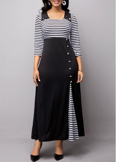 Women&apos;S Little Black Dress A Line Stripe Print Three Quarter Sleeve Midi High Waisted Elegant Work Dress By Rosewe - L