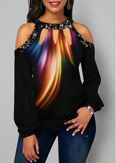 Women&apos;S Black Cold Shoulder Sequin Printed Tunic T Shirt Long Sleeve Casual Top By Rosewe - S
