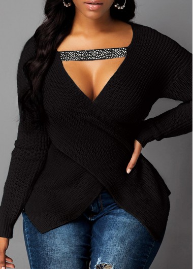 Women&apos;S Black Cutout Front Asymmetric Hem Sweater Long Sleeve Plunging Neck Casual Jumper By Rosewe - S