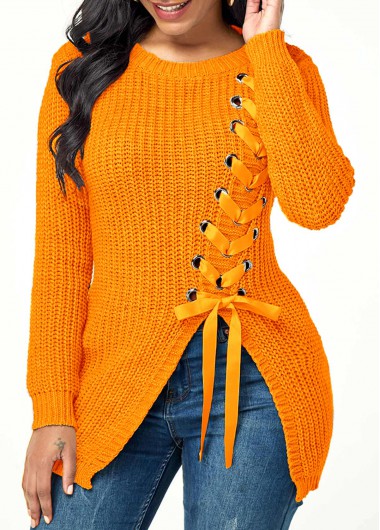 Women&apos;S Yellow Split Front Lace Up Front Long Sleeve Sweater Solid Color Ginger Asymmetric Hem Pullover Tunic Casual Top By Rosewe - S