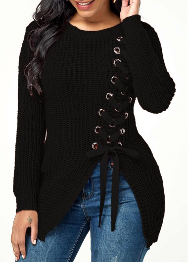 Women&apos;S Black Rib Knit Lace Up Asymmetric Hem Casual Sweater Solid Color Long Sleeve Winter Top By Rosewe - M